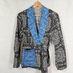 Zara Paisley Bandana Printed Retro Collar Oversized Blue Black Wrap Blouse XS